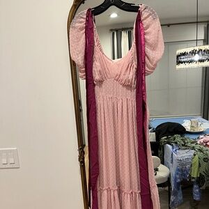 Loveshackfancy pink maxi dress with velvet shoulder ties